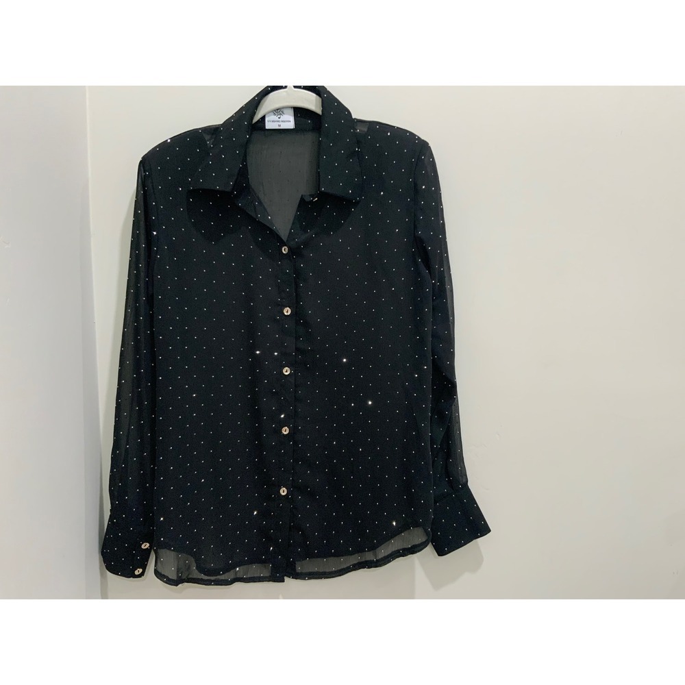 Vy Hoang Nguyen Black Rhinestone Polka Dot Sheer Button Down Blouse Top Womens M